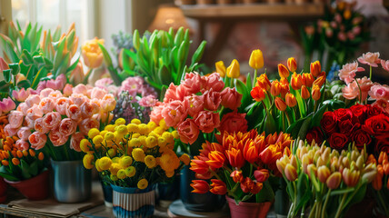 Vibrant and lively product presentation, with vivid spring flowers adding a burst of color and life, creating an attractive and compelling display