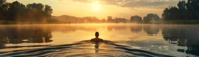 Young athlete swimming in a serene lake at dawn, reflection shimmering, perfect banner background. - obrazy, fototapety, plakaty