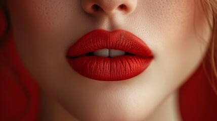   A close-up of a woman's lips with freckled skin and red lipstick