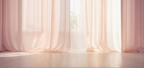 Empty room with backlit window and delicate translucent curtains, interior design concept, minimalist backdrop with copy space. Generative AI