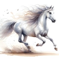 An illustration of a beautiful  graceful white horse with a flowing mane, capturing the essence of freedom and grace in its movement