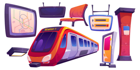Subway train and platform equipment set. Cartoon vector illustration set of metro station interior modern elements - electric railway car and signposts, map and billboard, bench for waiting and column - obrazy, fototapety, plakaty