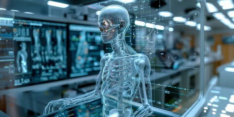 Transparent Human Skeleton Display in Modern Lab.