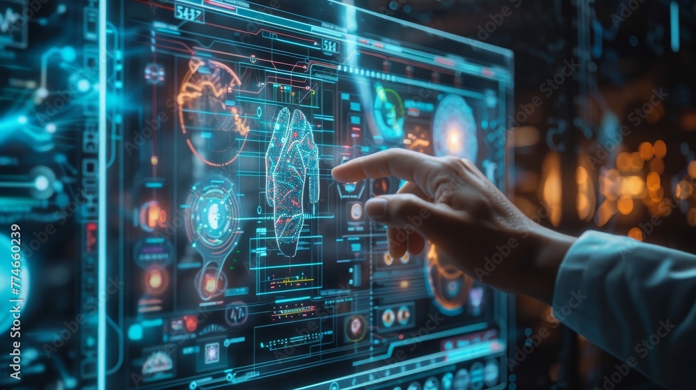 Poster a transparent screen displaying floating holographic images