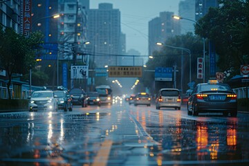 City street scene on a rainy day