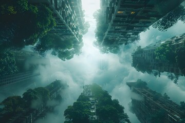 Surreal photo of high-rise buildings surrounded by plants - obrazy, fototapety, plakaty