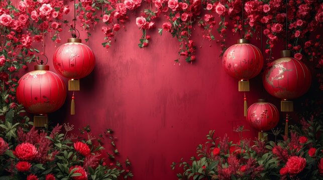   A red wall adorned with a cluster of red lanterns is flanked by red flowers and lush greenery on both sides