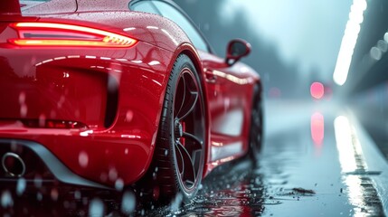   A red sports car sits curbside amidst the rain, background shrouded by a blurry streetlight - obrazy, fototapety, plakaty