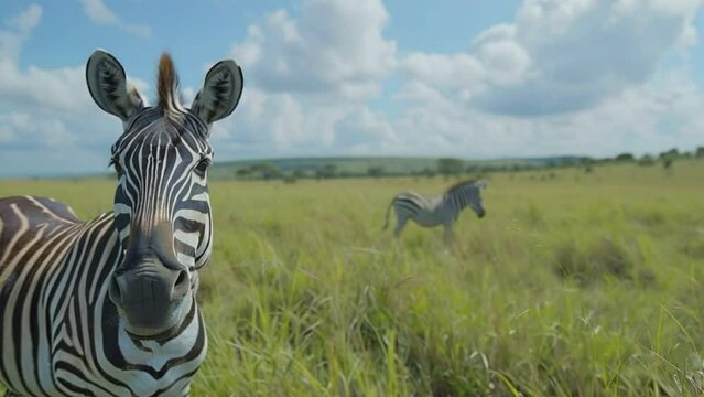 A zebra is standing in a field of tall grass 4K motion