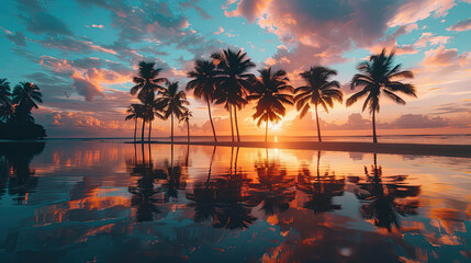 Summer sunset beach palm trees and reflections vibrant sky clouds   - obrazy, fototapety, plakaty