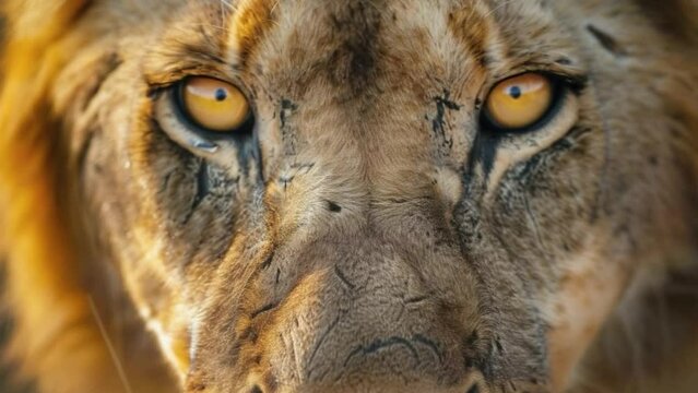 A lion with yellow eyes staring at the camera 4K motion