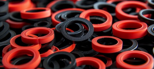 Assortment of red and black rubber gaskets and seals. Industrial components concept for manufacturing and mechanical applications.