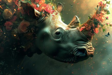   A tight shot of a rhino adorned with a flower bouquet atop its head and a butterfly perched on its nostrils - obrazy, fototapety, plakaty