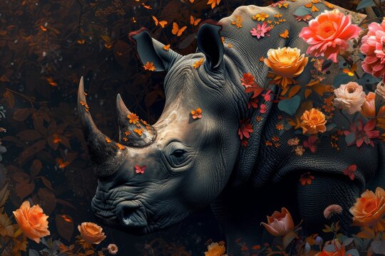  rhino's head at picture's heart, encircled by leafy greens and blooms