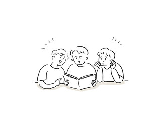 本を読む幼い三人の男の子（線画）