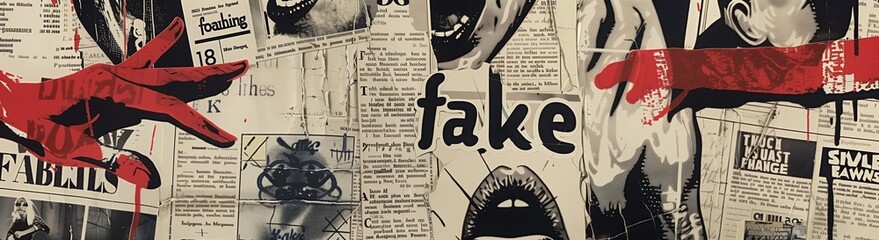 Collage featuring newspaper clippings, bold text reading "FAKE", and vibrant red abstract shapes. The layered composition creates a thought-provoking visual narrative on media and authenticity.