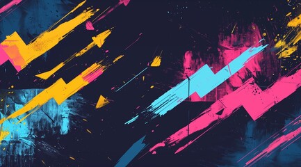 Abstract background with dynamic colorful arrows and energetic brush strokes against a dark textured backdrop. The composition features vibrant hues of yellow, pink, and blue
