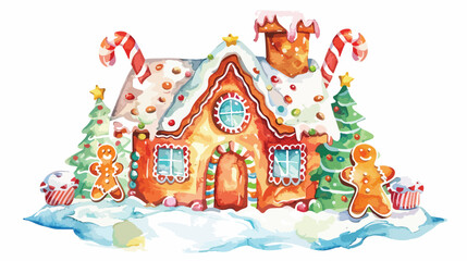 Watercolor hand drawn colorful gingerbread house