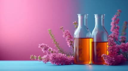   A pair of bottles brimming with liquid, positioned before a mass of pink blooms against a pink and blue backdrop - obrazy, fototapety, plakaty