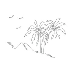 Palm tree in one continuous line drawing. Vector tropical landscape, seagulls, hills, sea cost illustration. Travel, summer vacation, adventure graphics hand drawn in black single line, minimal style.