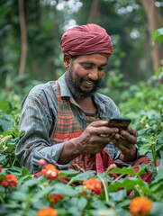 A Bangladeshi vegetable farmer using a mobile app to communicate with an agroecology expert