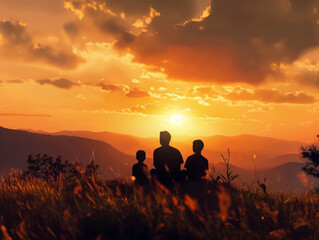 Silhouette of father and two sons having fun beautiful sunset background, AI generated image. Family embrace: Silhouettes of father and sons in mountain landscape epitomize affection