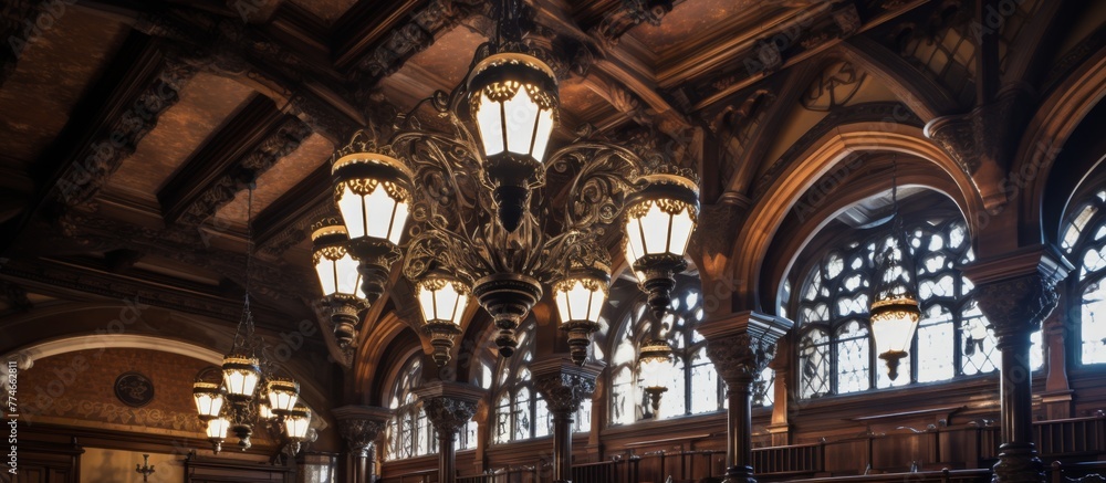 Poster spacious room featuring a magnificent chandelier hanging from the ceiling and boasting a large windo