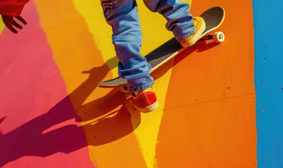 Foto auf Acrylglas A child on a skateboard, bright bold colors © piai