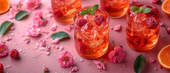   A pink table is set with three glassess, each holding a drink garnished with raspberries and mints
