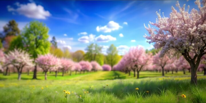 Blurred Spring Nature Background With Cherry Blossom Trees Chamomile Under Sunny Spring Sky, Cherry Blossom Spring Background, Spring Landscape