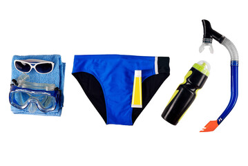 Sporty equipment for underwater swimming and photography during vacation by the sea. Coastal...