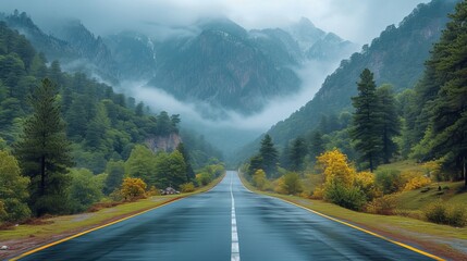 Naklejka premium A winding road through forest, mountain range backdrop, fog shrouds the atmosphere
