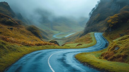   A long, winding road in a lush green valley on a foggy day - obrazy, fototapety, plakaty