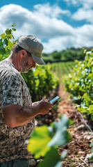 A French vineyard owner using a mobile app to connect with a viticulture specialist