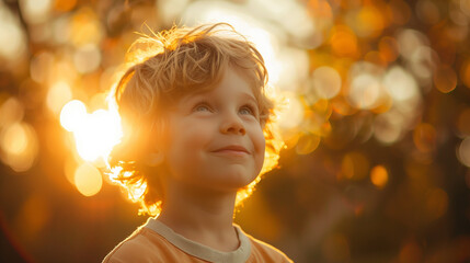 Basking in the golden glow of sunset, childhood innocence thrives, brimming with joyful and playful moments. - obrazy, fototapety, plakaty