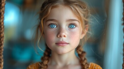   A young girl with freckled hair and blue eyes gazes seriously at the camera - obrazy, fototapety, plakaty