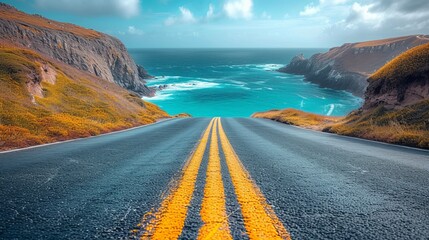   A road with a yellow centerline borders a body of water and is backed by cliffs - obrazy, fototapety, plakaty
