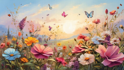 Fototapeta na wymiar Meadow Bursting with Colorful Blossoms, Butterflies Soaring in the Sunrise - an oil painting.