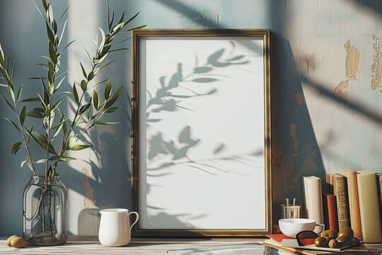 Monet-Inspired Vertical Picture Frame with Olive Branch and Vase