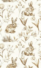 A seamless pattern with embroidery of bunnies and tulips, their soft fur details rendered in delicate thread work