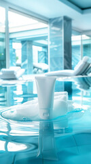 A lifelike advertisement photo of a white anti-aging cream tube in a luxury spa with clients in the background. The label 