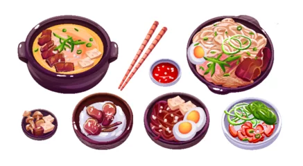 Schilderijen op glas Traditional Korean food set isolated on white background. Vector cartoon illustration of asian dishes with spicy meat, eggs, vegetables and noodles in bowls, wooden chopsticks, restaurant menu icons © klyaksun