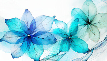 Transparent blue and turquoise flowers on white background, translucent alcohol ink colors and acrylic painting. For invitation card.