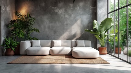   A large white couch faces a sizable potted plant in the living room, both resting atop a rug - obrazy, fototapety, plakaty