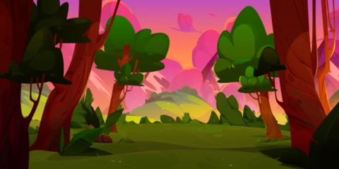 Keuken spatwand met foto Sunset forest scene. Cartoon sunrise landscape with tree and pink sky. Fairy woods valley for hiking or wild game adventure illustration. Grass glade near hill area with amazing beautiful scenery view © klyaksun