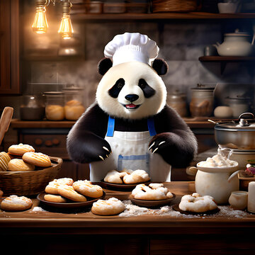 a cheerful panda who loves to bake delicious treats of bakery items wearing a chefs hat and apron.j background scene is full kitchen and smoke of bakery and lanp lighting