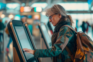 Middle aged female passenger registers their air ticket for a flight at an electronic self-service terminal at the airport building