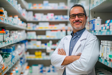 Middle aged male pharmacist in a lab coat, crossing his arms and smiling at the camera, in a pharmacy with shelves of medical supplies - Powered by Adobe