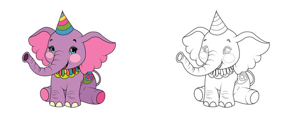 Colorful children's elephant in cartoon style. Black and white vector illustration for coloring books. Coloring book for children