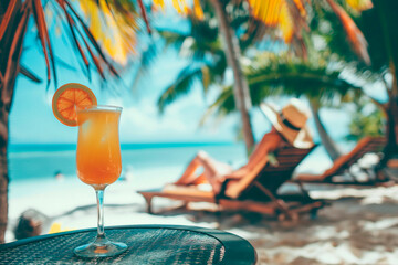 A cocktail in a glass stands on a table near a sun lounger on the beach under the shade of palm trees and a woman in a hat lies on the sun lounger - 774664802